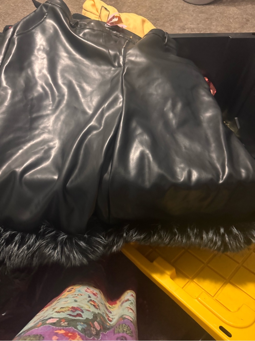 AKIRA Black Faux Leather Coat with Faux Fur Trim